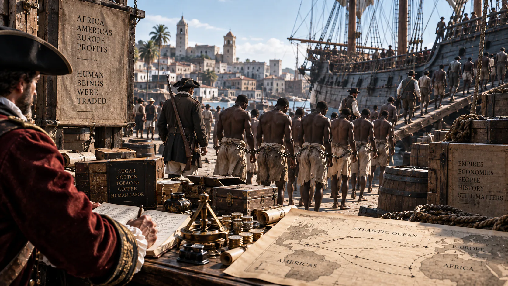 Colonial port scene showing the Atlantic slave trade, ships, chains, maps and forced human commerce