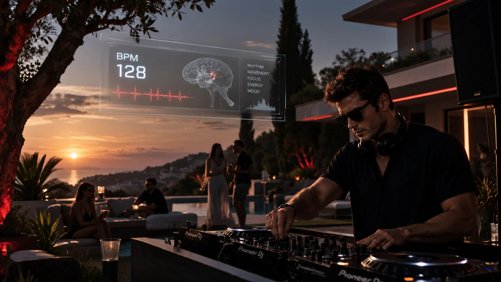 Editorial illustration of a DJ at a sunset pool party beside a conceptual brain display labeled BPM 128