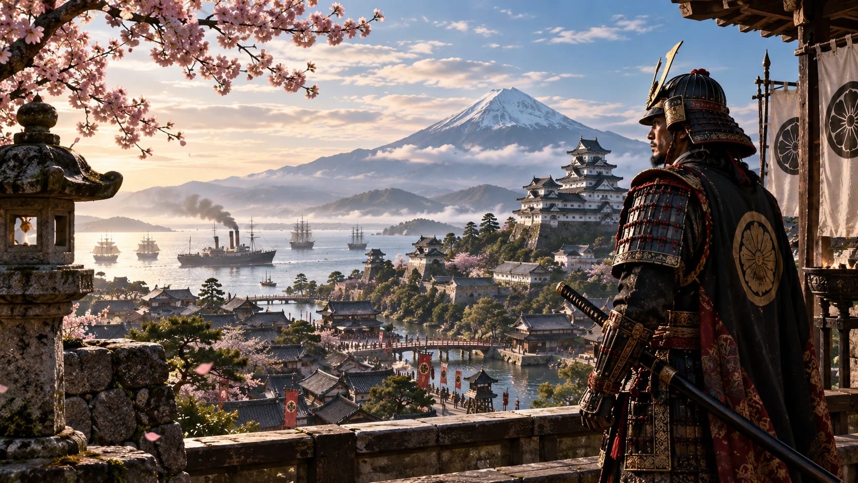 Editorial historical reconstruction combining a samurai figure, castle town and steamships; not a documented person or exact historical setting