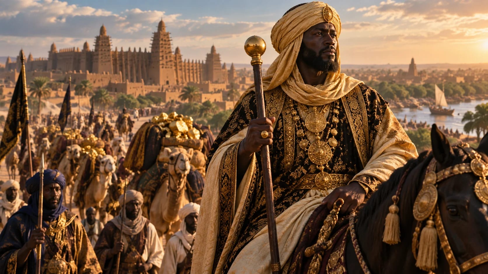Editorial historical reconstruction of Mansa Musa on horseback with a caravan and an earthen city near a river; not a literal portrait or documented pilgrimage scene
