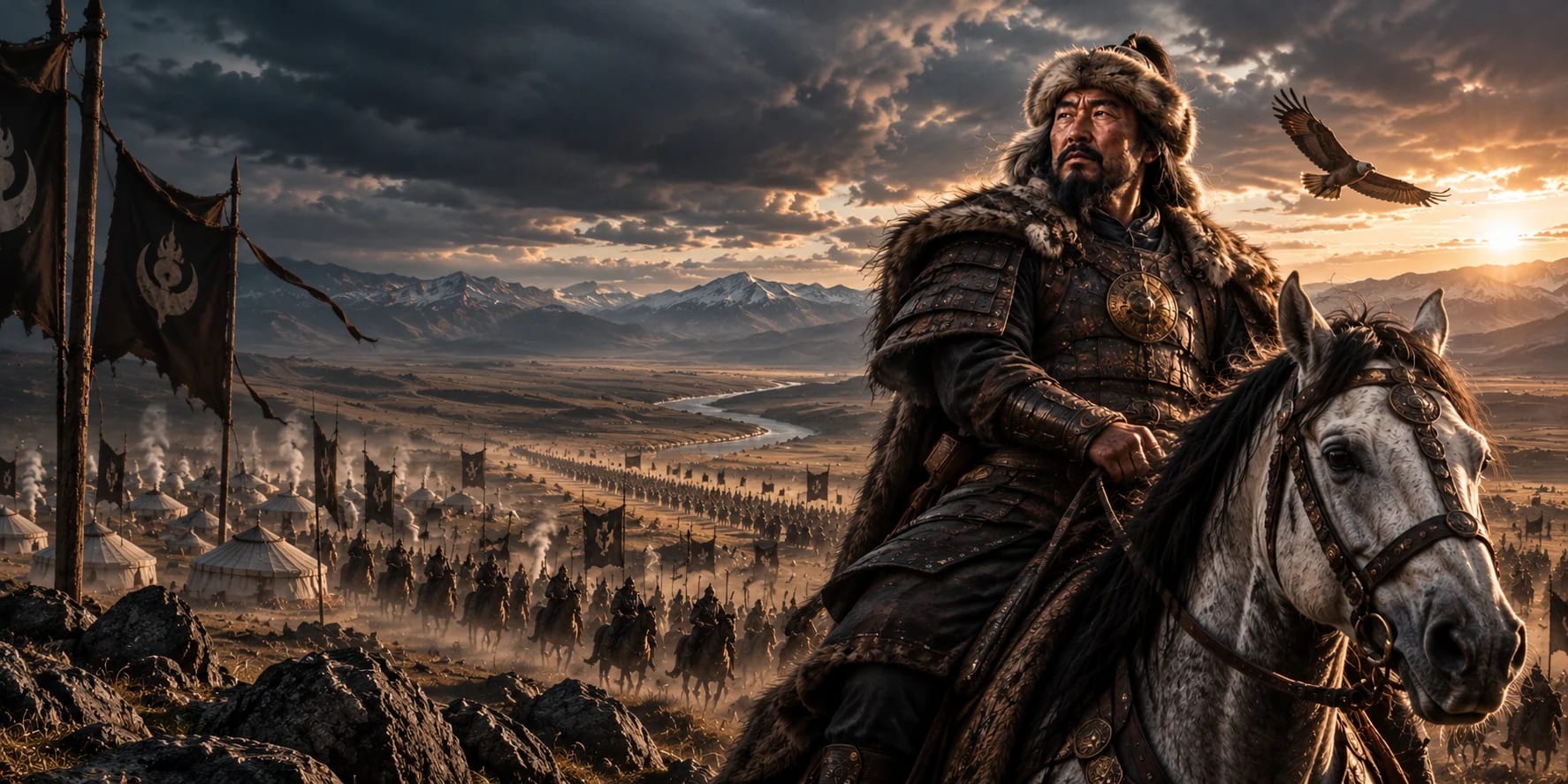 Cinematic editorial historical reconstruction of a Mongol ruler on horseback above a steppe camp; not an authenticated portrait of Genghis Khan