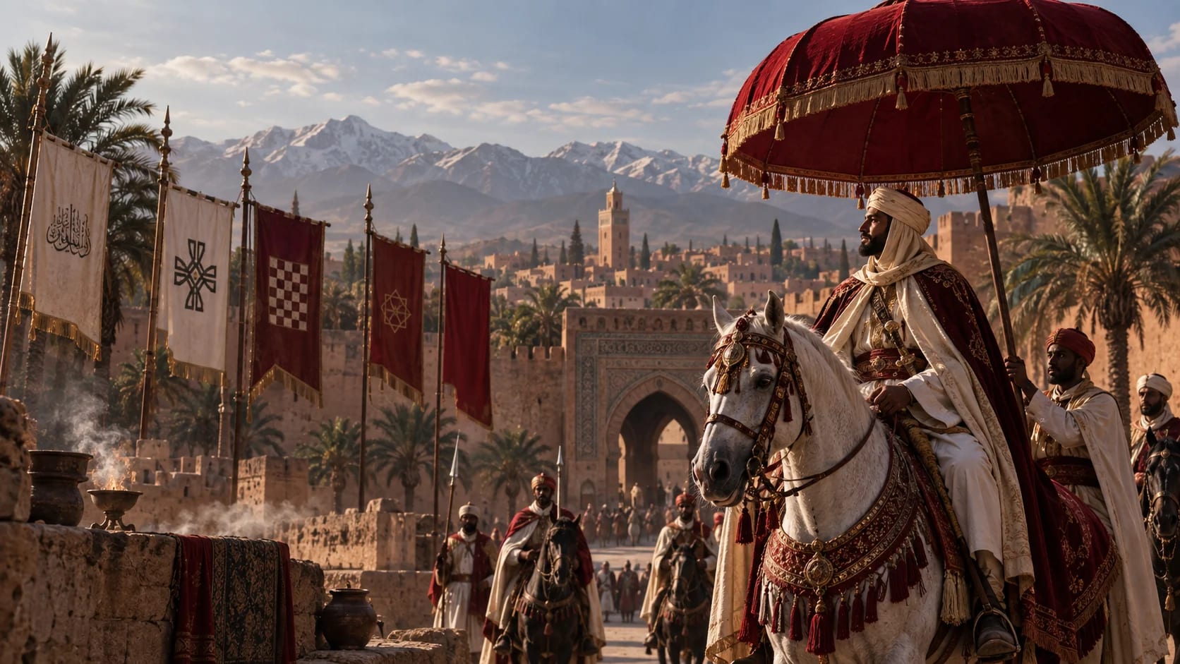 Editorial historical reconstruction of a Moroccan ruler on horseback beneath a red royal parasol, with artistic banners; not a documented bay’a ceremony