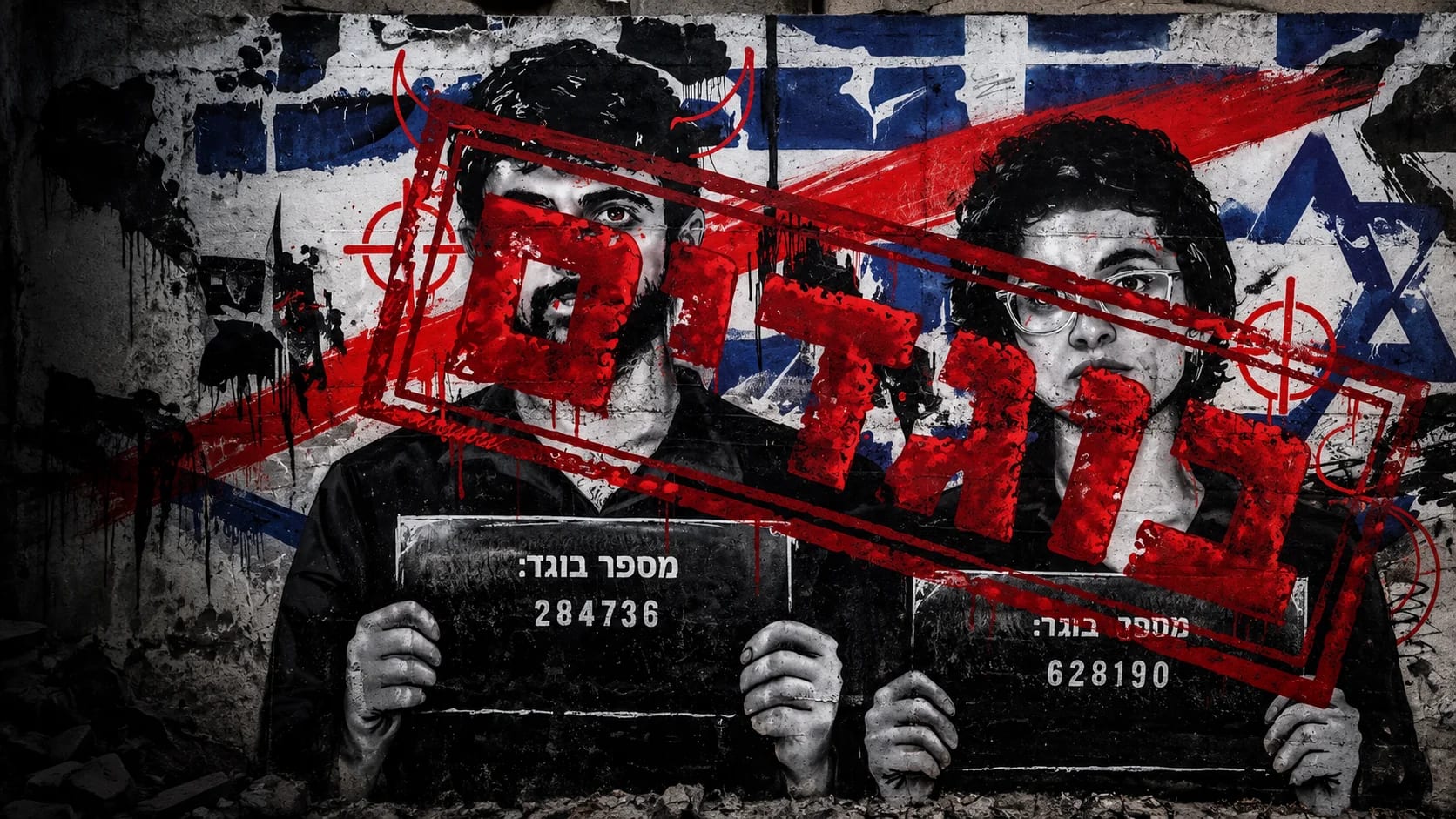 Editorial mural illustration of NAZA filmmakers Yuval Abraham and Rachel Szor with hostile graffiti; not an arrest photograph or a verified documentary scene