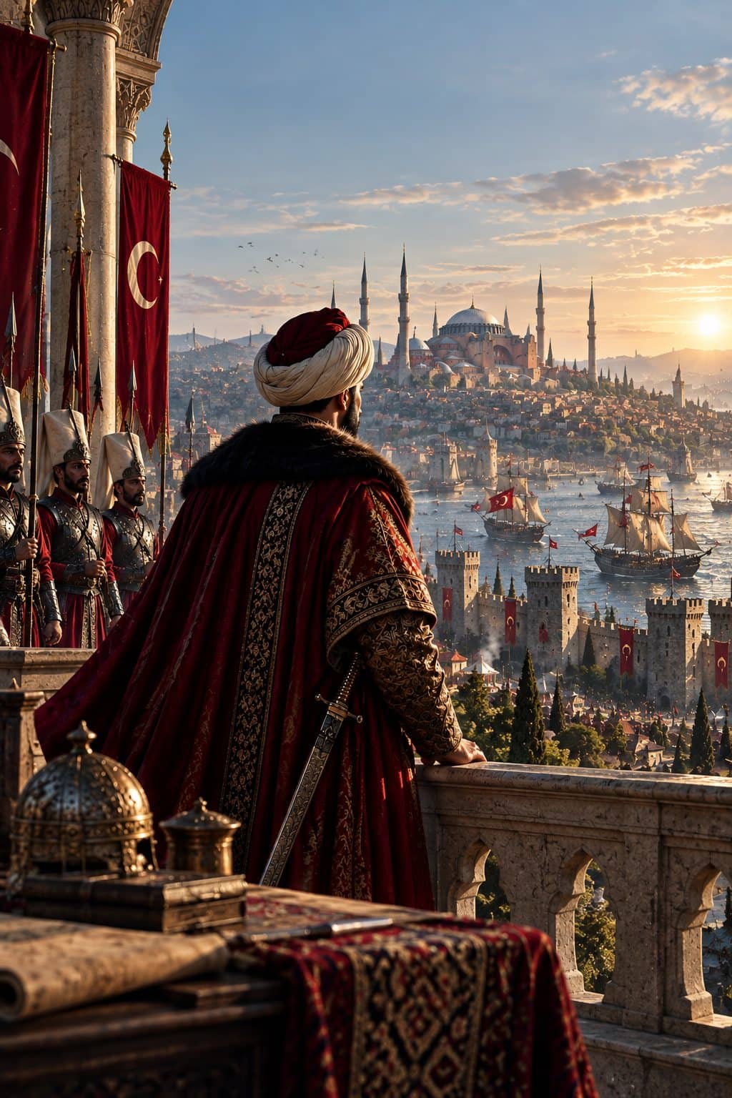 Cinematic sunrise view of an Ottoman sultan overlooking Istanbul, the Golden Horn and an imperial harbor