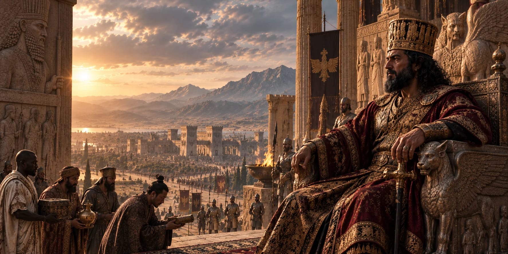 Editorial historical reconstruction of a Persian king on a throne above an imagined imperial city; not a literal portrait of Cyrus