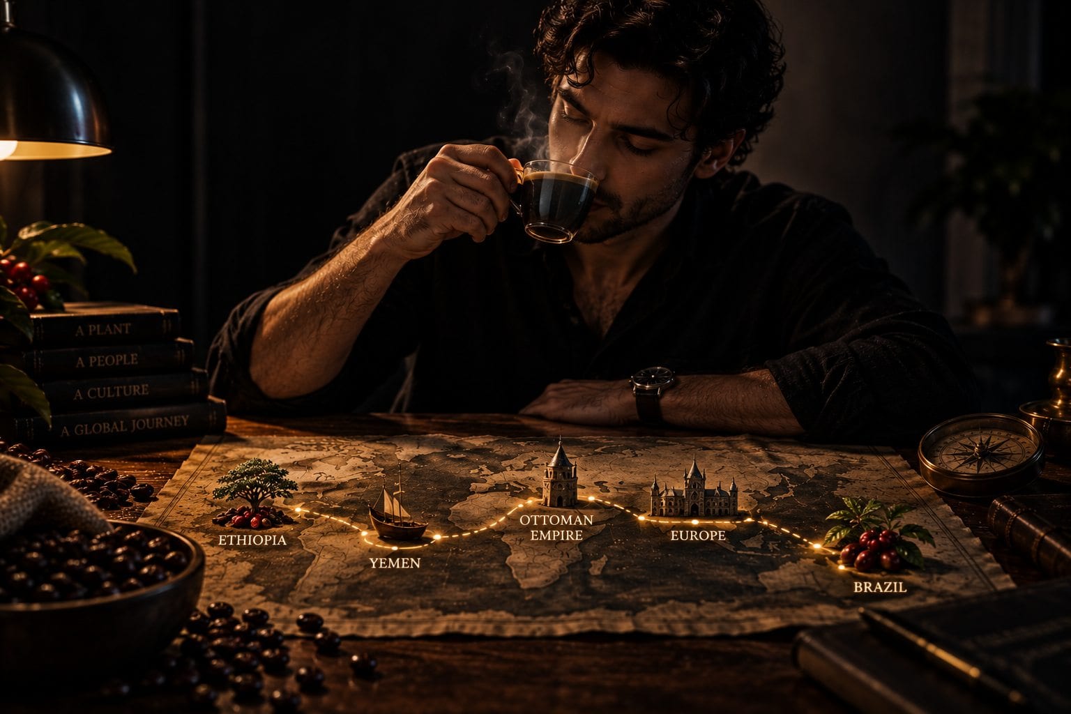 The historical journey of coffee from Ethiopia and Yemen through the Ottoman Empire and Europe to Brazil