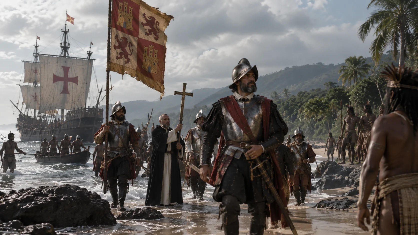 Editorial historical reconstruction of Spanish conquistadors arriving on a Caribbean shore beside sailing ships; not a documentary depiction of Columbus’s landing