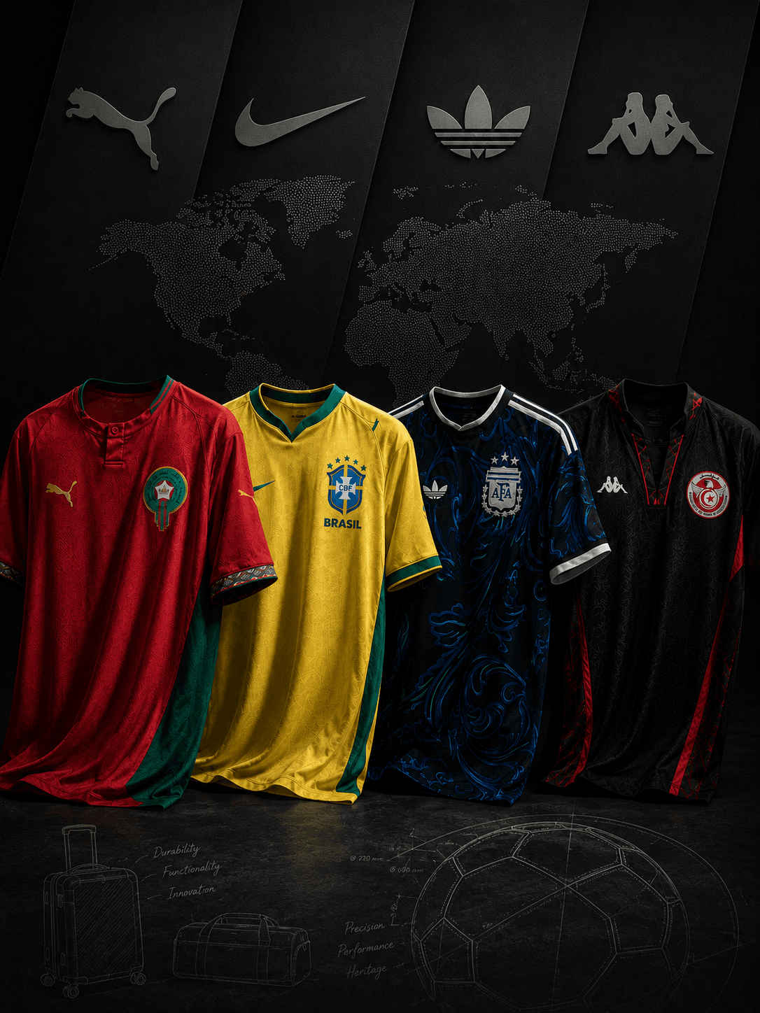 World Cup 2026 football jerseys from Morocco, Brazil, Argentina, and Tunisia on a black premium sportswear background