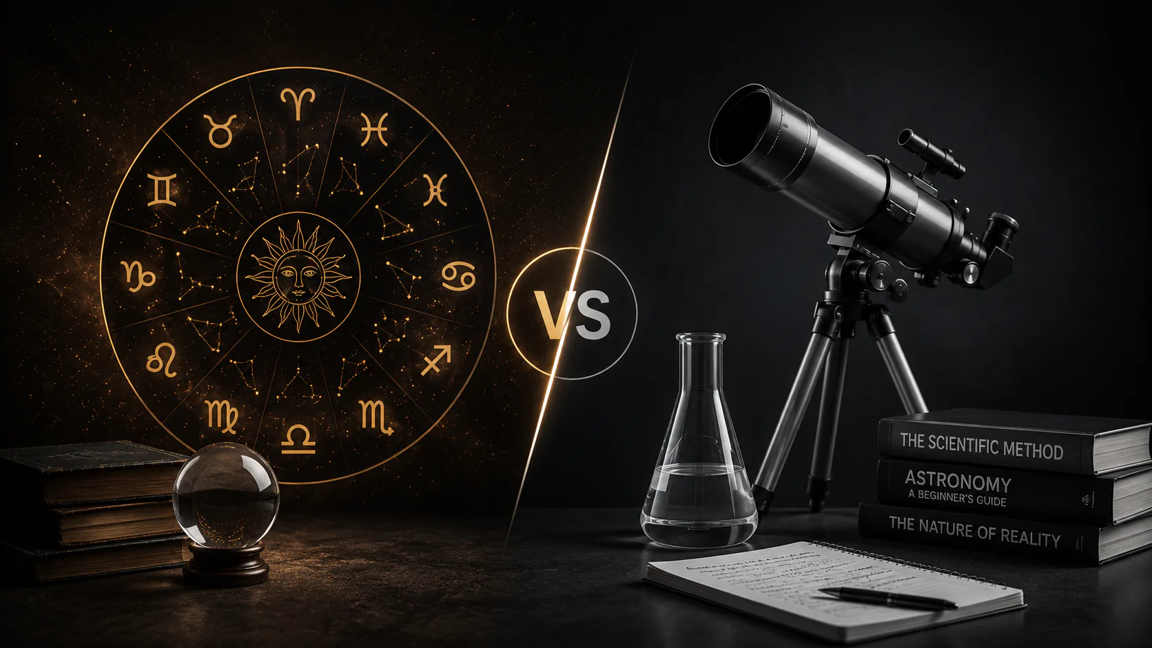 Astrology zodiac wheel compared with telescope, laboratory glassware, and science books