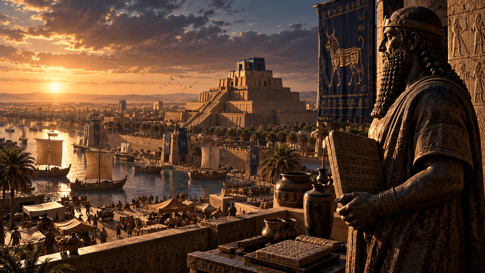 Editorial reconstruction of an ancient Mesopotamian city with canals, a stepped ziggurat and a carved royal figure