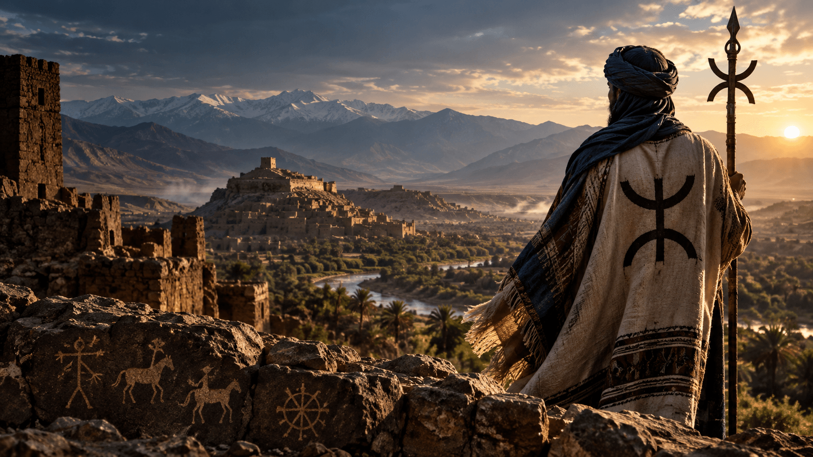 Artistic illustration of an Amazigh figure overlooking a North African mountain settlement, with symbolic rock art in the foreground