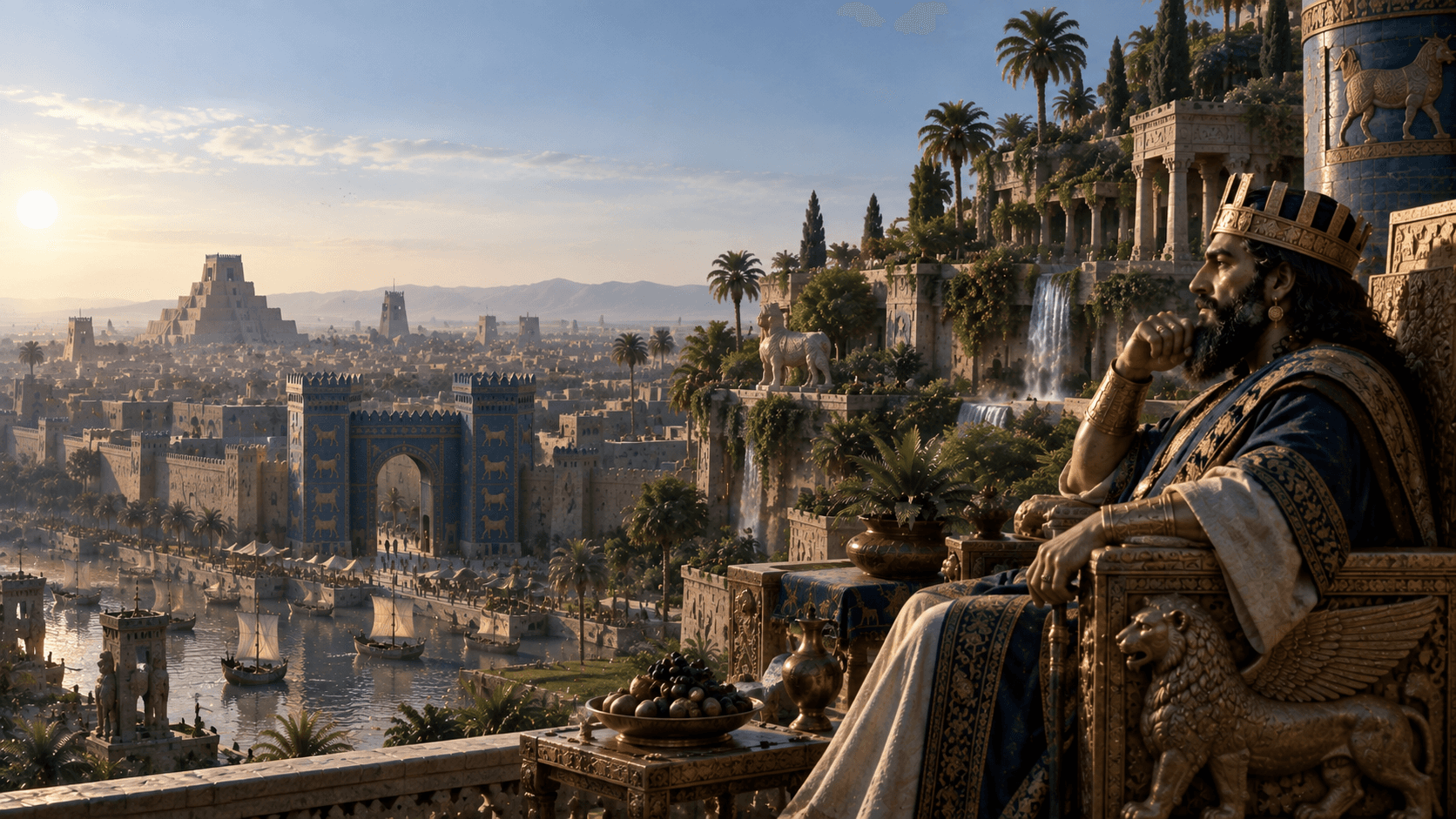 Imaginative reconstruction of ancient Babylon with a royal figure, blue gate, ziggurat and speculative elevated gardens