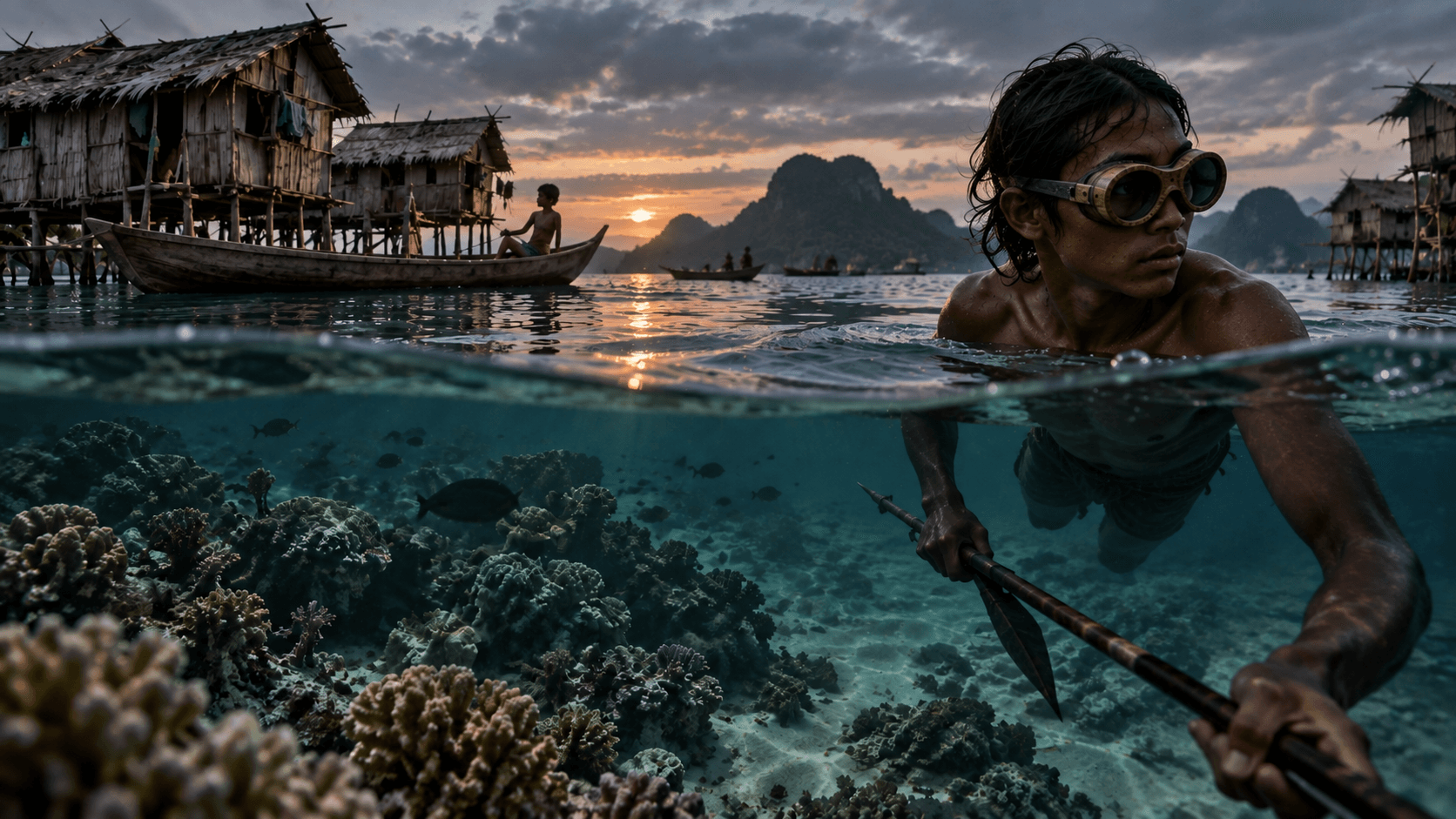 Illustration of a Bajau spearfisher wearing wooden goggles above a coral reef, with boats and stilt houses at the water’s surface