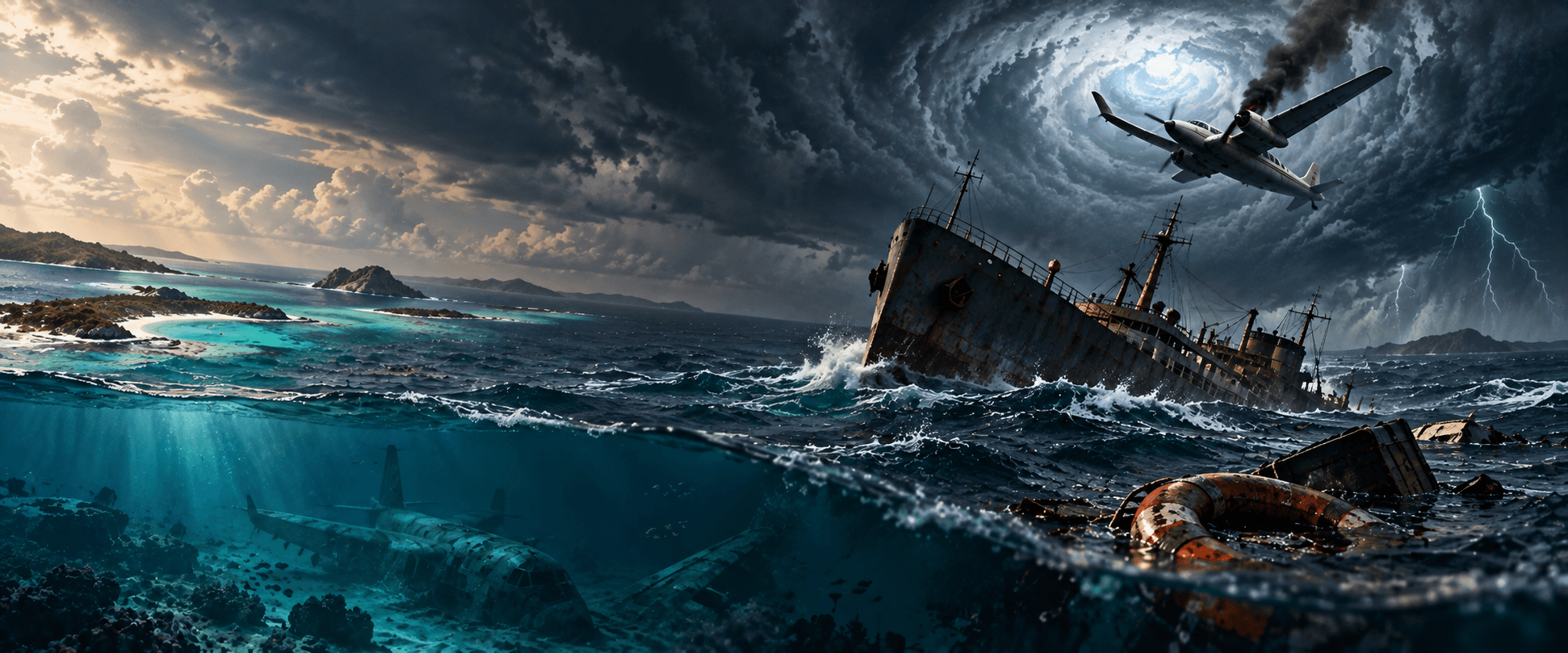 Artistic illustration of a ship in rough seas and aircraft above and below the water, evoking Bermuda Triangle mythology rather than a documented incident