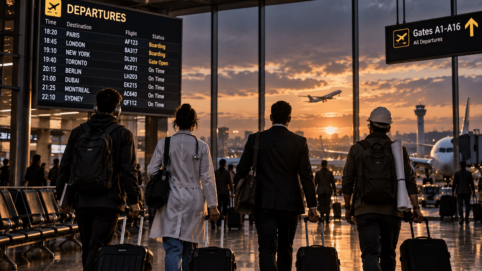 Illustration of four professionals with luggage at an airport departure gate at sunset, representing the decision to work abroad
