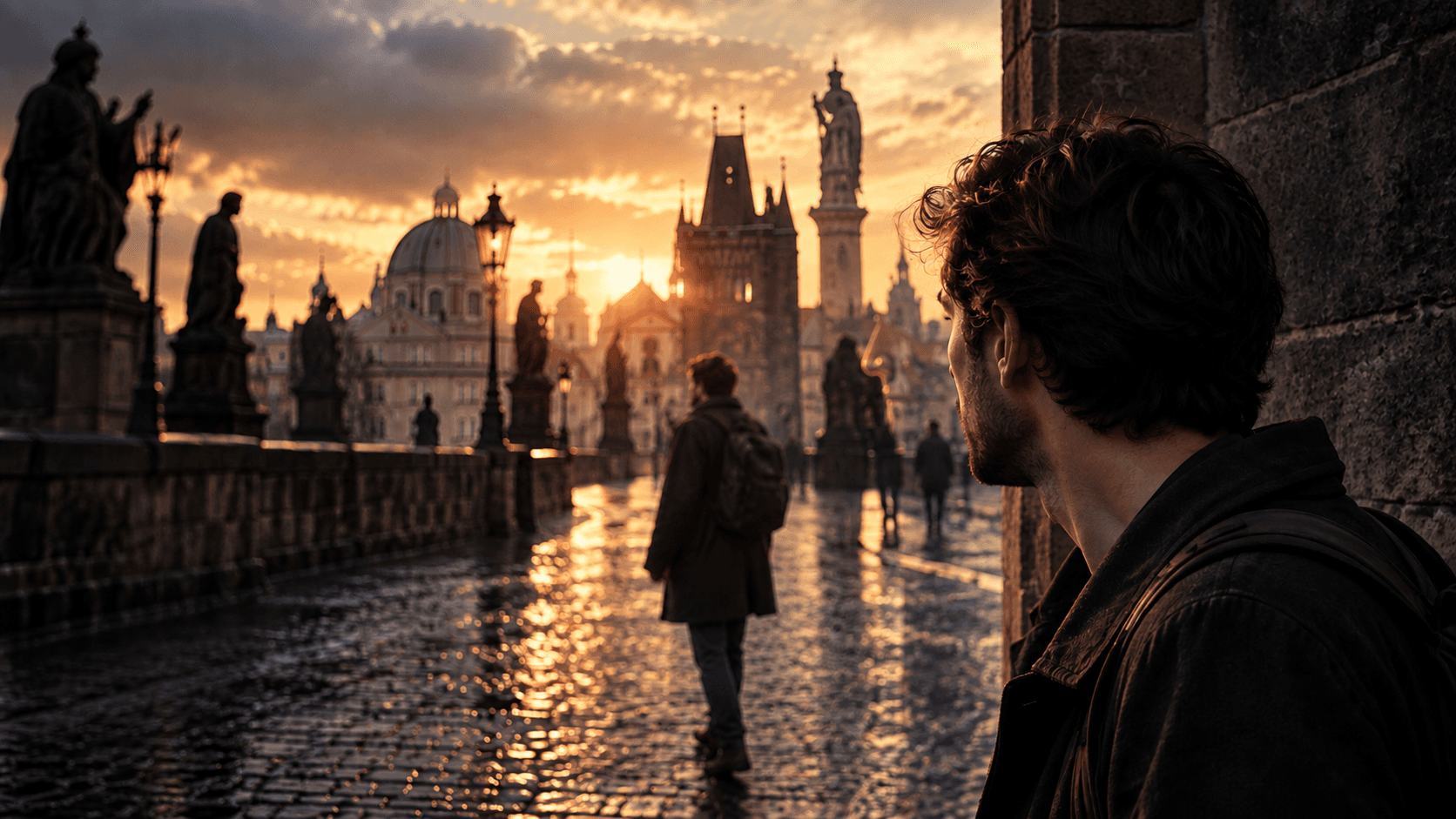 Artistic illustration of a man on a historic city bridge, with a repeated figure suggesting the strange familiarity of deja vu