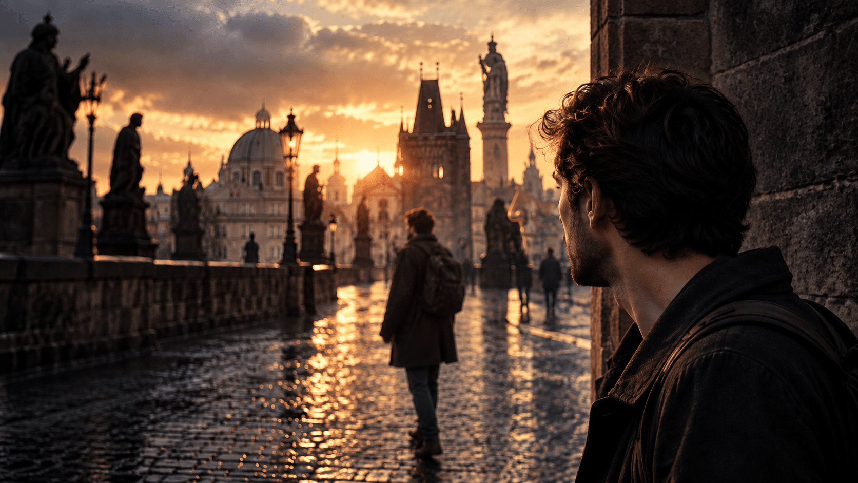 Artistic illustration of a man on a historic city bridge, with a repeated figure suggesting the strange familiarity of deja vu