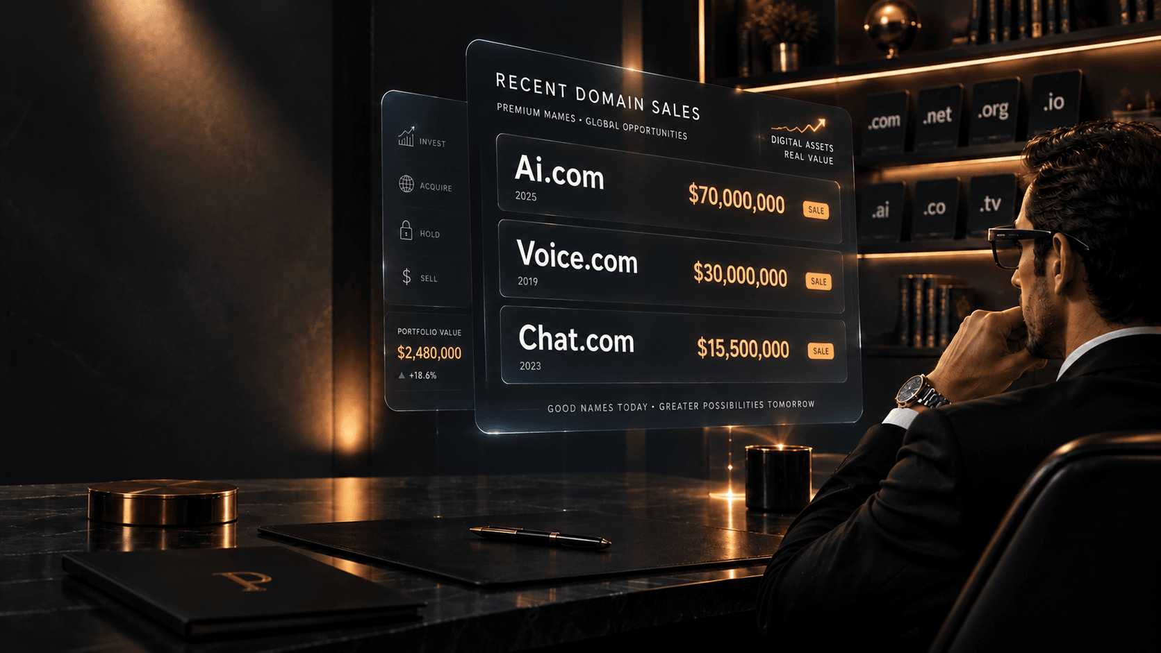 Conceptual editorial image showing premium domain sales for AI.com, Voice.com and Chat.com on a digital trading screen.