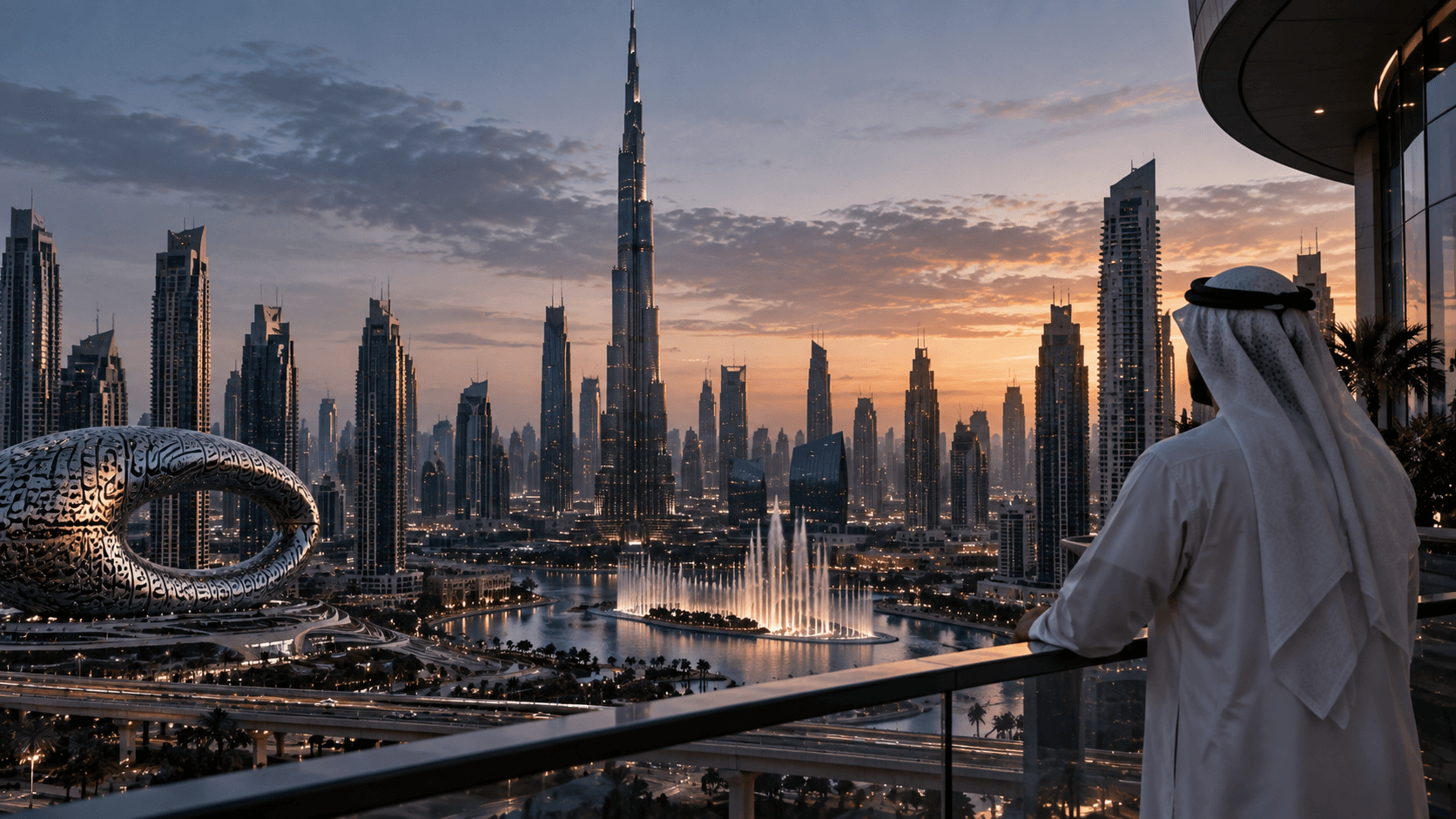 Futuristic Dubai skyline with flying vehicles and sunset light