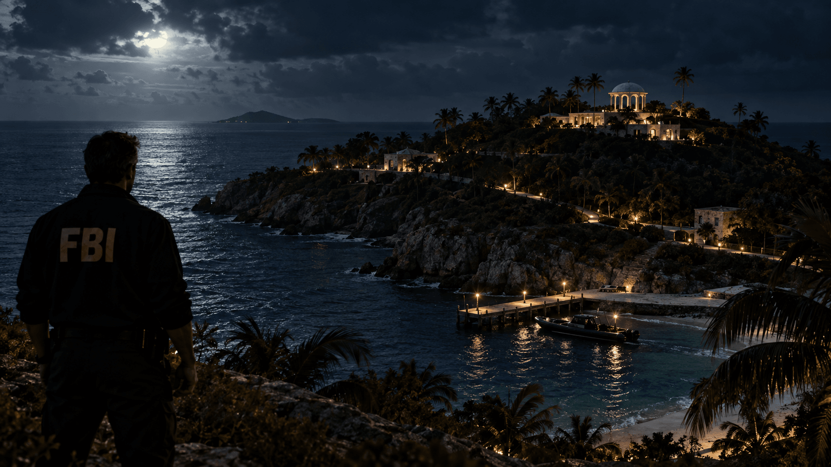 Cinematic editorial reconstruction of an FBI investigator overlooking a private Caribbean island at night, inspired by Little St. James.