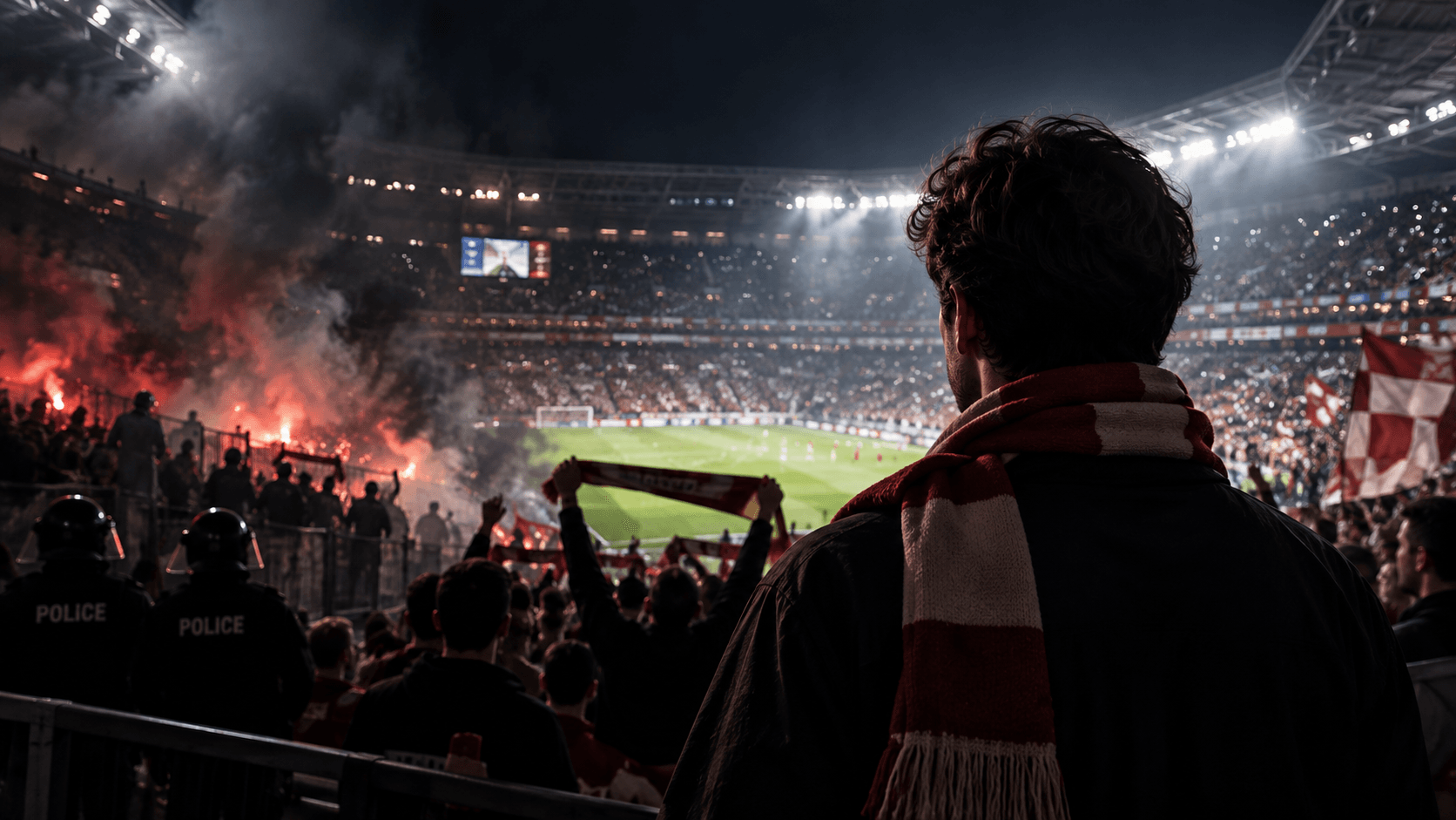 Artistic stadium illustration of a supporter wearing a scarf, with fans, flags, smoke and police in the stands