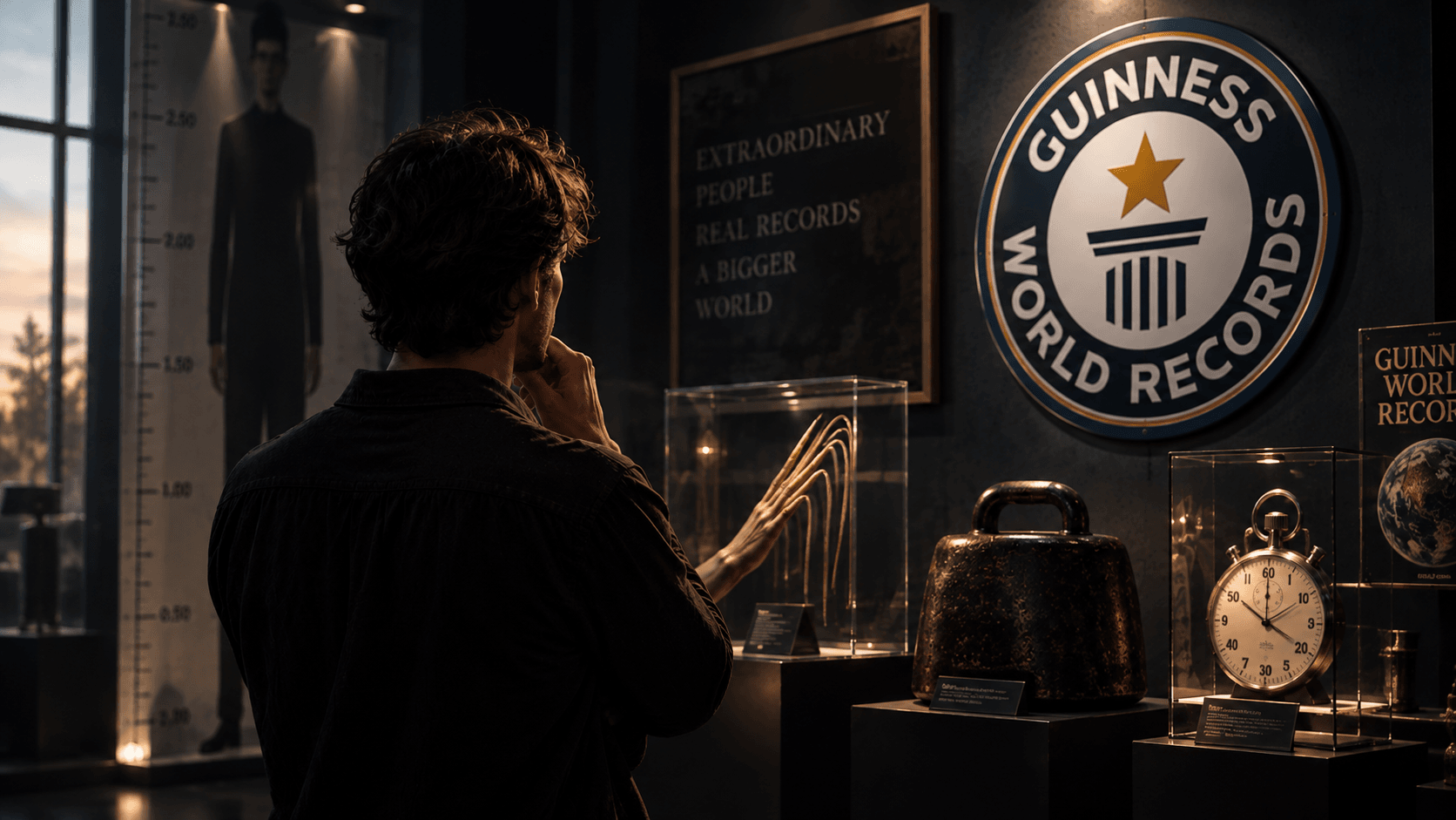Cinematic museum-style Guinness World Records exhibit with a visitor looking at strange record objects and a large Guinness World Records wall emblem
