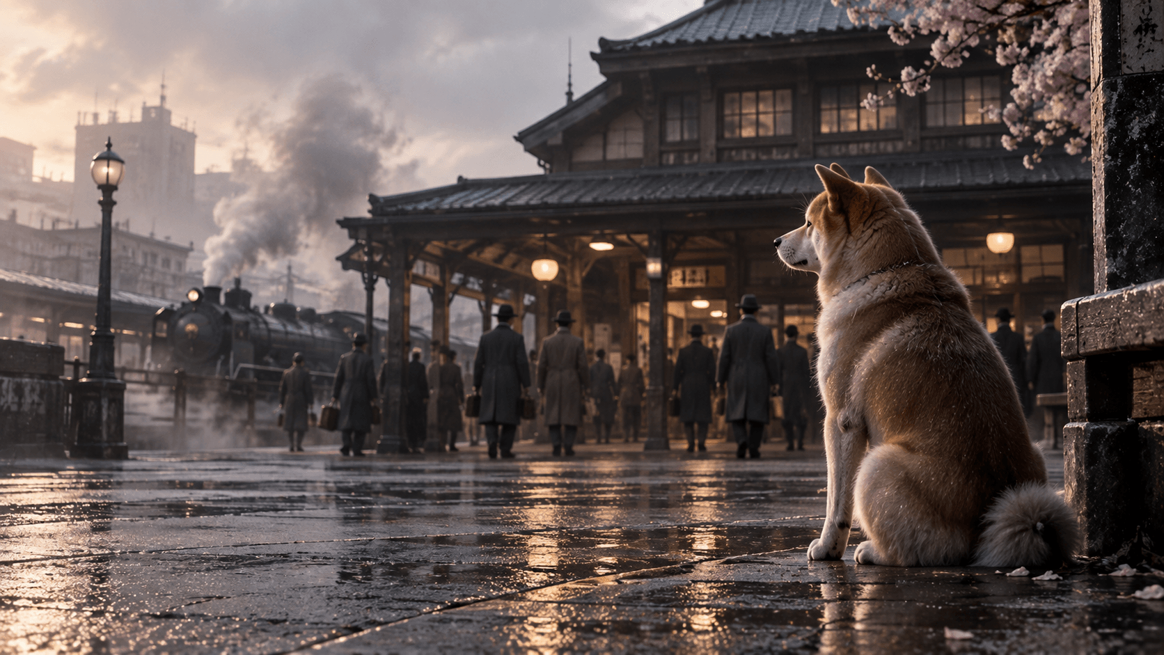 An Akita inspired by Hachikō waits outside a historic Japanese railway station as commuters pass in the early morning.