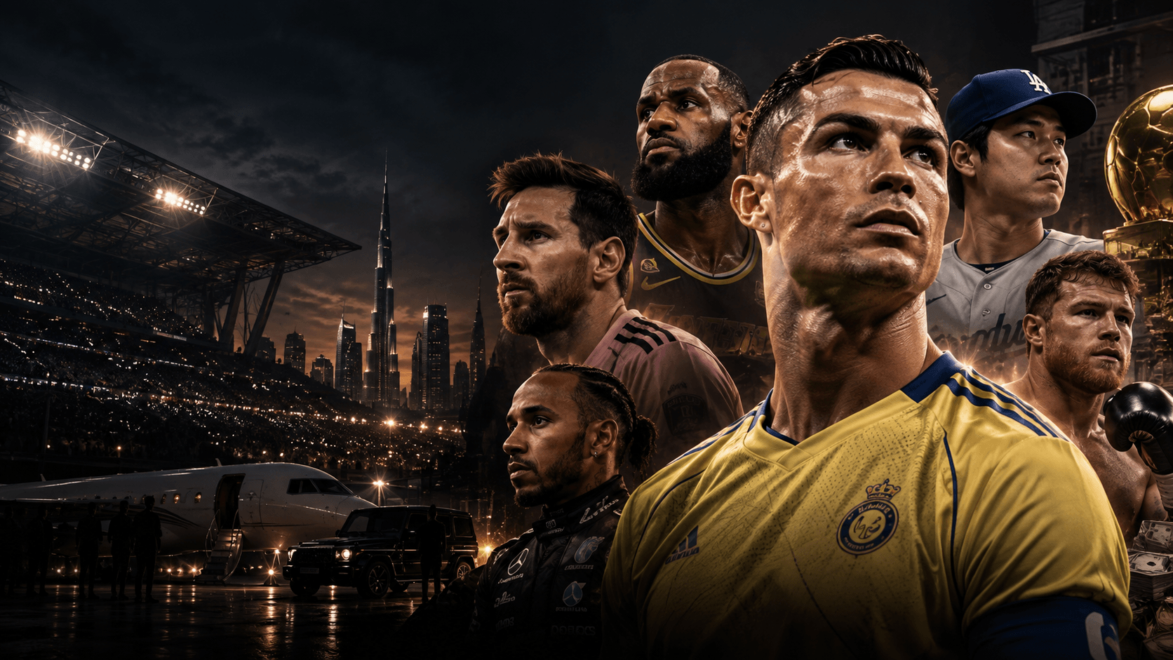 PRESDA editorial illustration of Cristiano Ronaldo, Lionel Messi, LeBron James, Shohei Ohtani, Canelo Alvarez and other global sports stars in a cinematic sports business scene