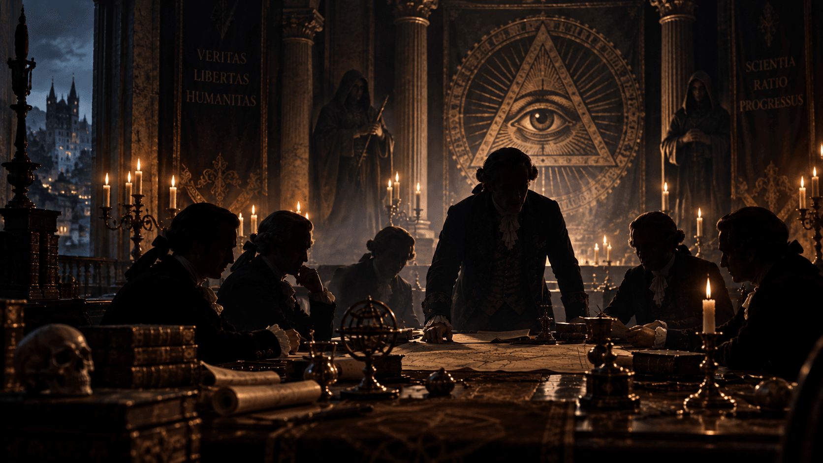 Imagined candlelit secret-society meeting with eye-and-pyramid imagery, an artistic illustration rather than a historical reconstruction