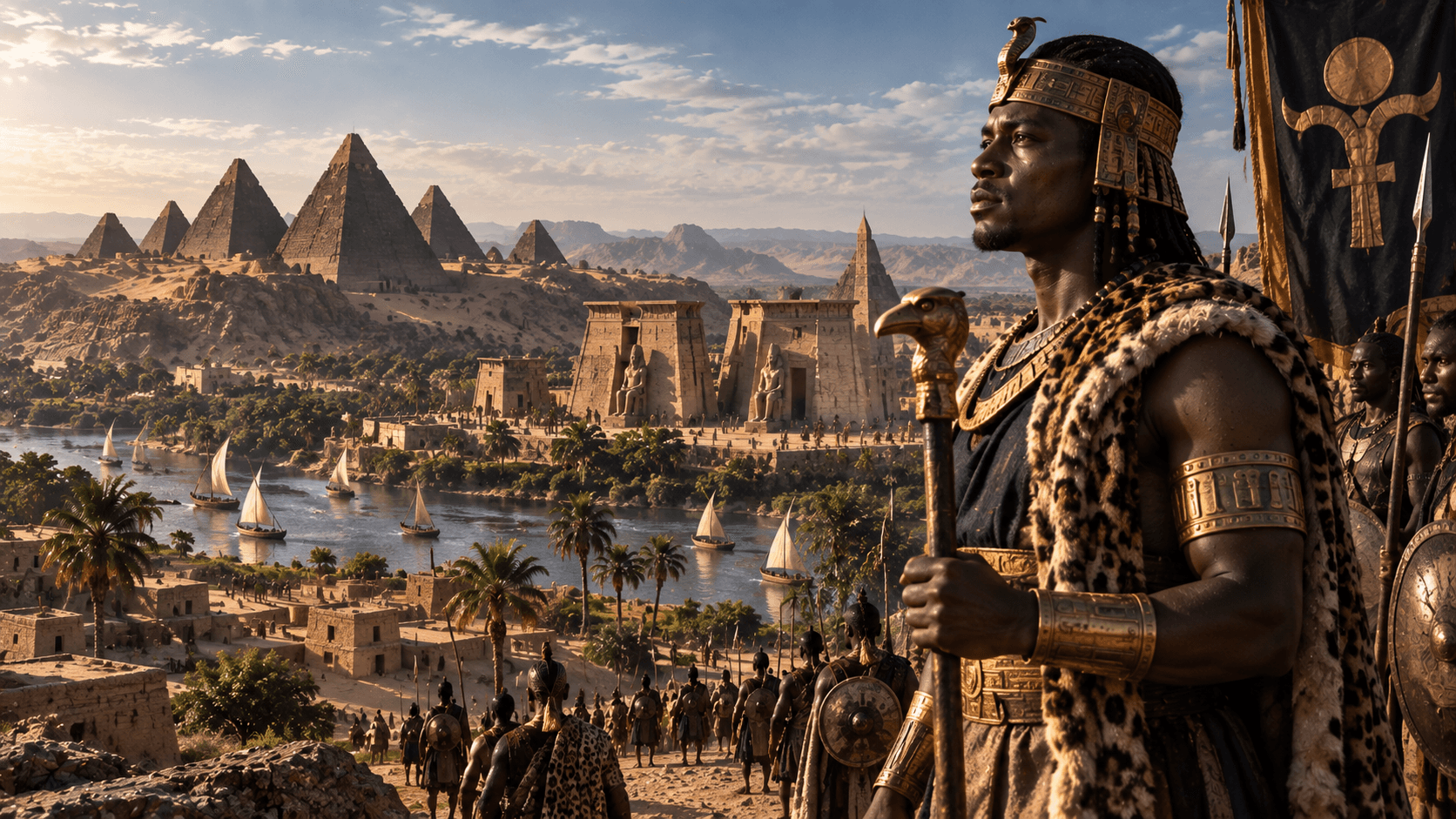 Editorial illustration of a Kushite ruler overlooking an imagined Nile landscape with temples, boats and Nubian pyramids