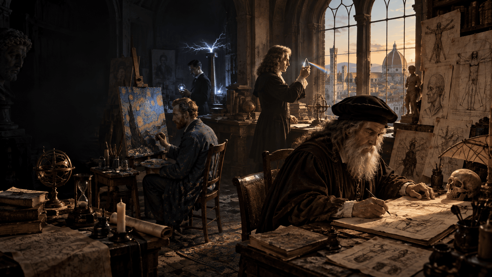 Cinematic editorial composition inspired by Leonardo da Vinci, Vincent van Gogh, Isaac Newton and Nikola Tesla working alone among art, books, experiments and inventions.
