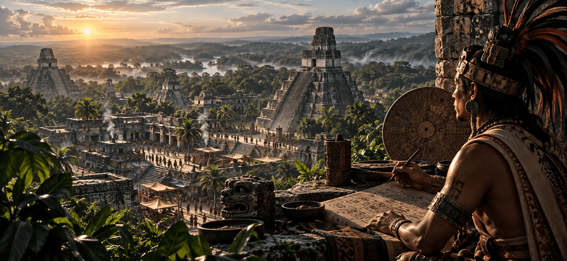 Editorial illustration of a Maya city with stepped pyramids, plazas and a scribe, combining imagined historical and calendar imagery