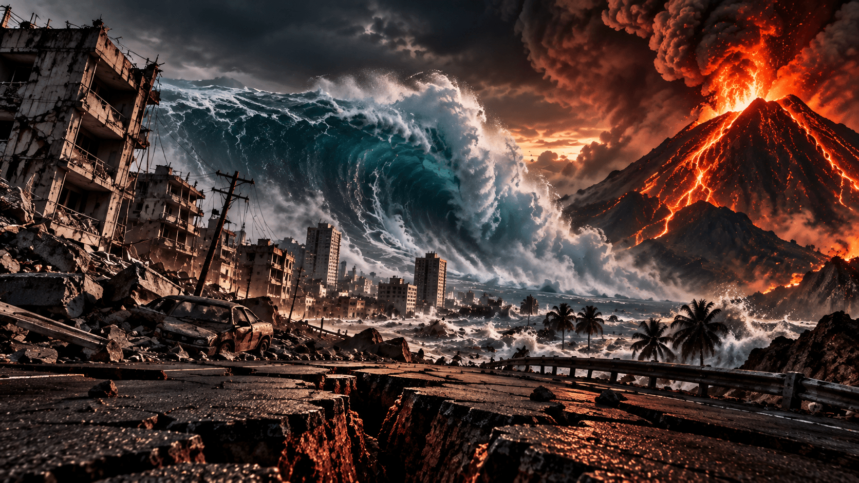 Cinematic PRESDA illustration showing earthquake damage, a tsunami and an erupting volcano.