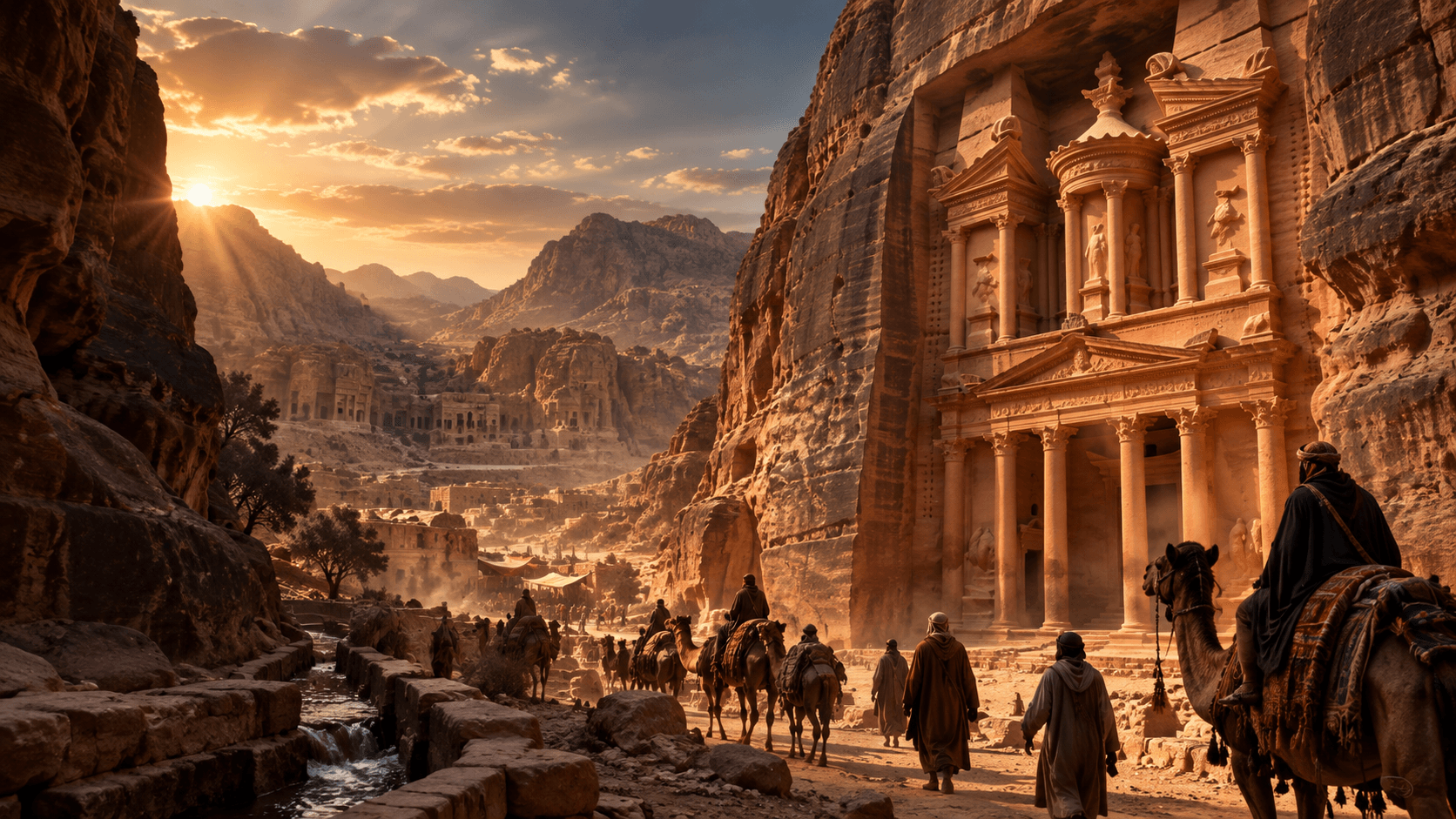 Artistic reconstruction of ancient Petra with Al-Khazneh carved into sandstone, a caravan and an illustrative water channel at sunset