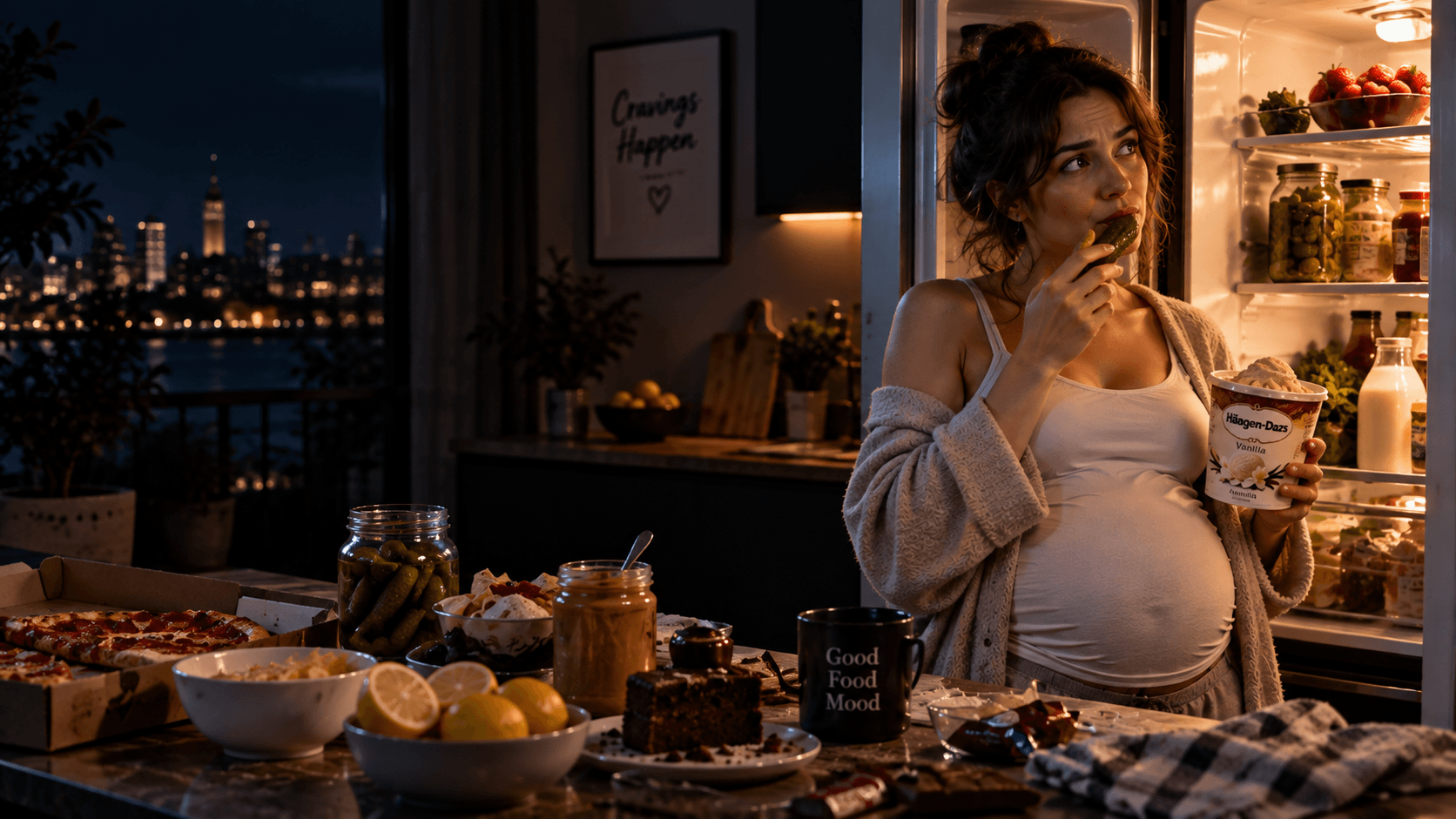 Artistic illustration of a pregnant woman holding a pickle and ice cream beside an open refrigerator at night