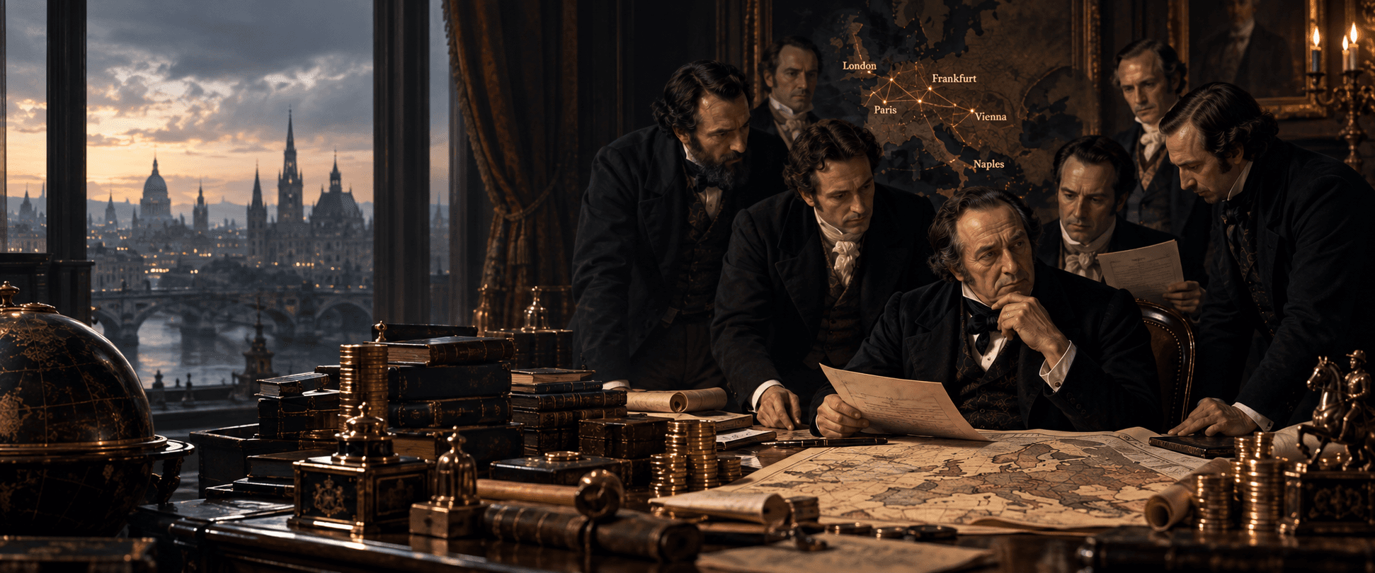 Artistic illustration imagining a European banking family around financial documents, with a map of five banking centers, not an authenticated historical portrait