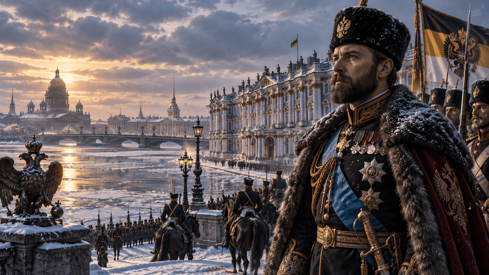 Editorial illustration of an imperial Russian ruler on horseback before a snowy St. Petersburg cityscape inspired by the Winter Palace