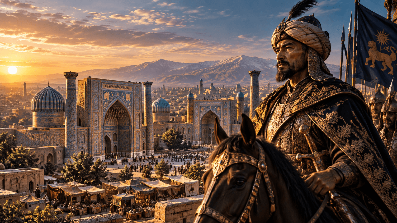 Editorial illustration of a mounted Timurid ruler overlooking an imagined Samarkand cityscape with blue domes, tiled portals and a market