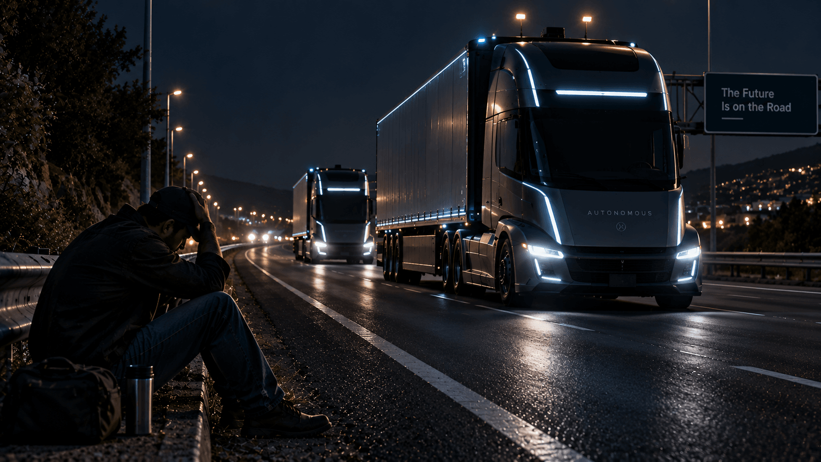 A truck driver watches two futuristic autonomous trucks travel along a highway at night.