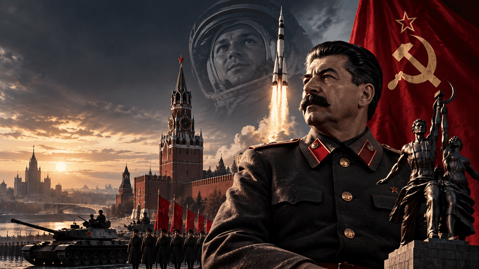 Editorial montage of Stalin, Yuri Gagarin, a rocket, the Kremlin and Soviet symbols, rather than an archival photograph