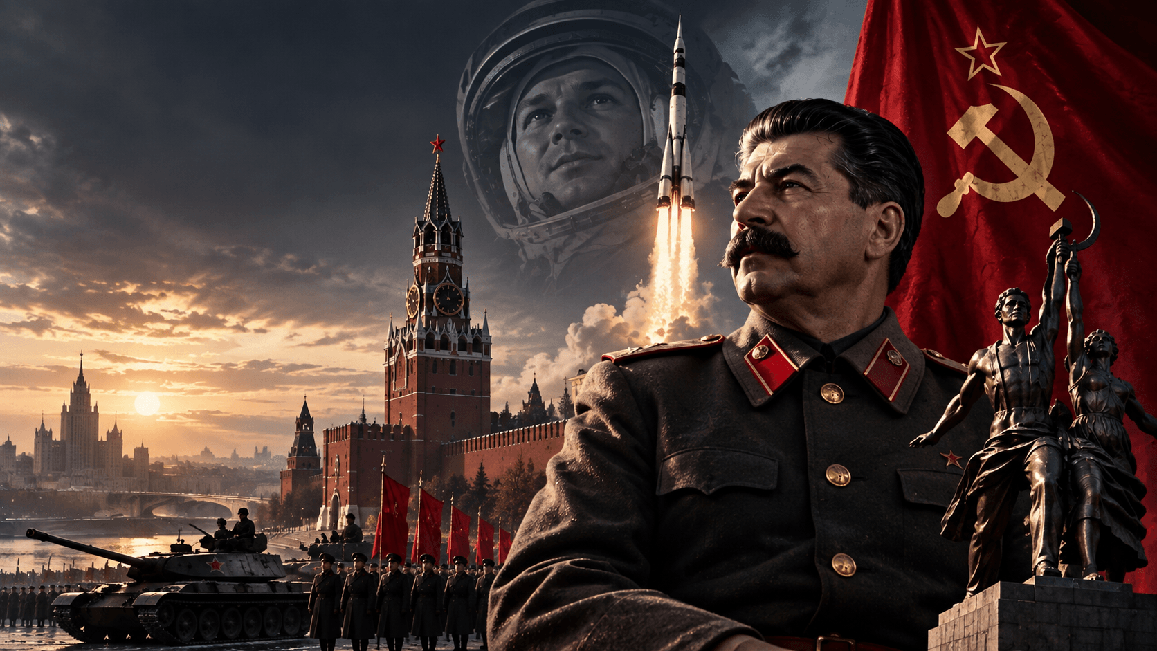 Editorial montage of Stalin, Yuri Gagarin, a rocket, the Kremlin and Soviet symbols, rather than an archival photograph