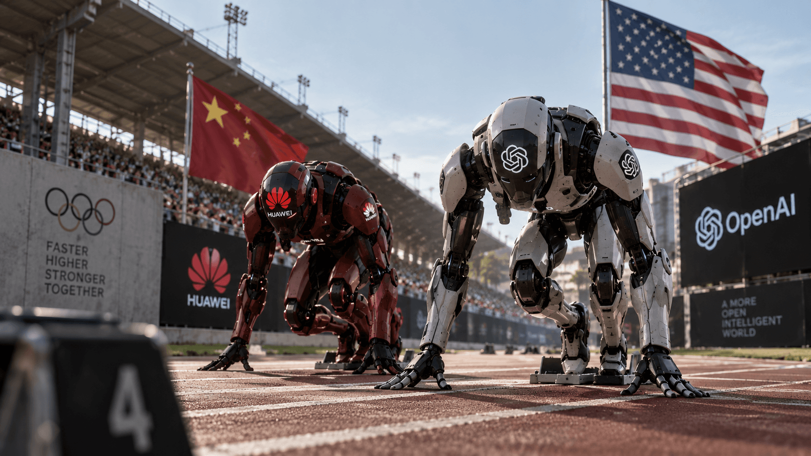 Cinematic editorial illustration of American and Chinese AI robots racing on a track beneath national flags and technology company symbols.