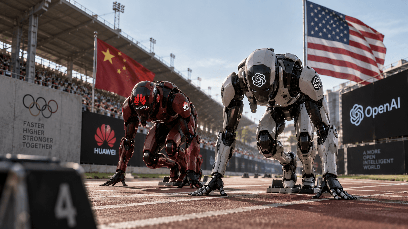 Cinematic editorial illustration of American and Chinese AI robots racing on a track beneath national flags and technology company symbols.