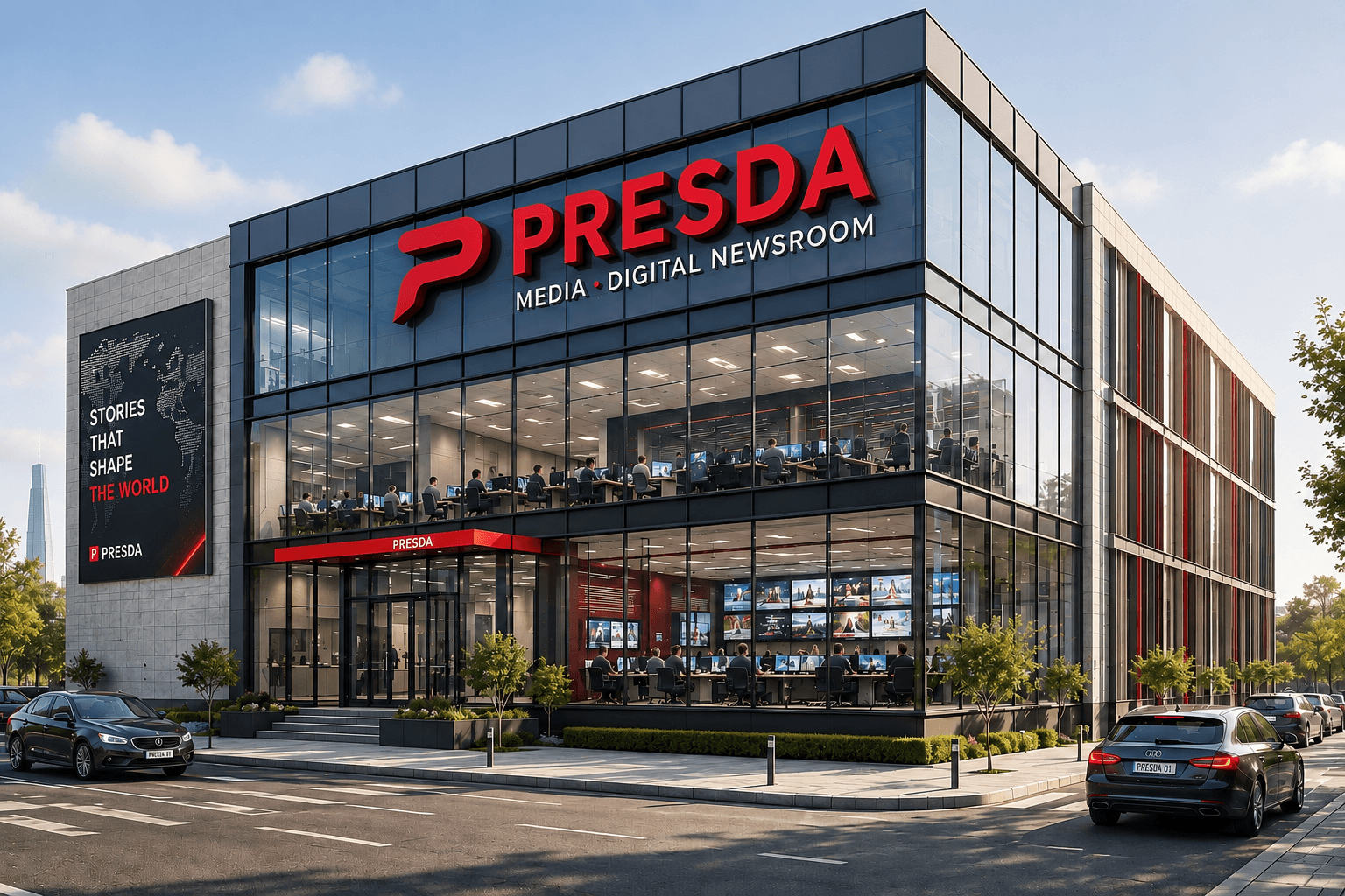PRESDA newsroom concept artwork in a daytime media setting