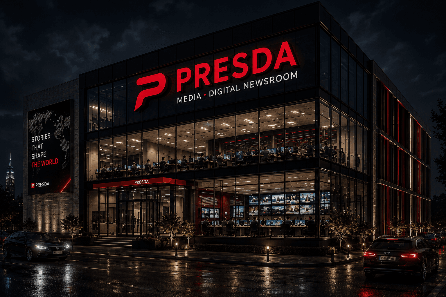 PRESDA newsroom concept artwork in a nighttime media setting