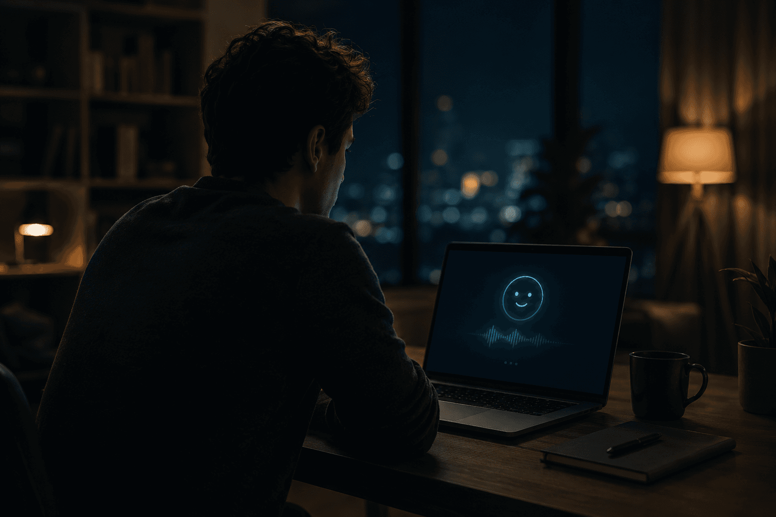 Person talking with a friendly AI chatbot on a laptop at night, representing AI friendship and emotional support