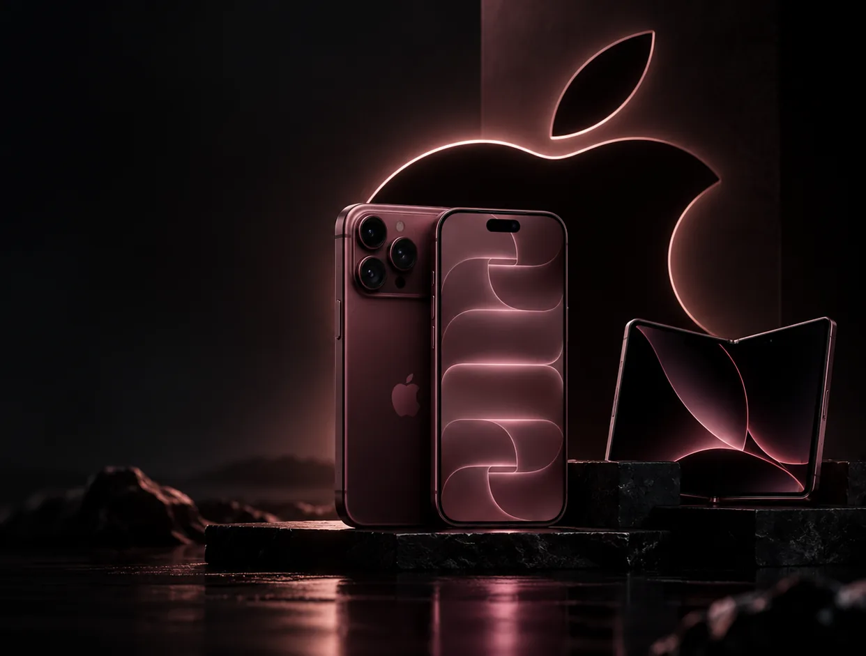 Editorial PRESDA illustration of Apple's iPhone 18 Pro, a foldable iPhone concept and a glowing Apple symbol in a dark premium product scene