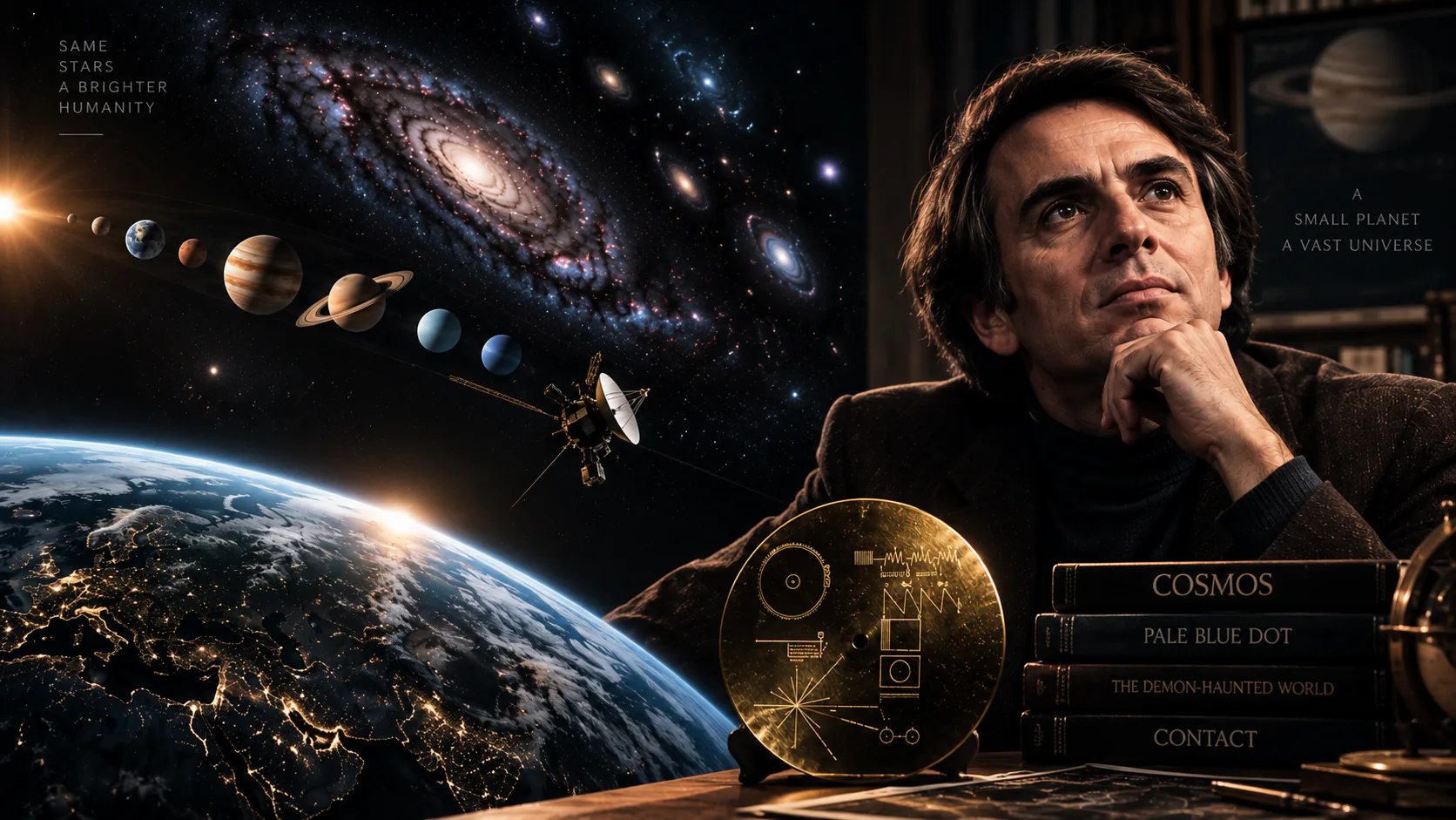 Carl Sagan beside Earth, planets, galaxies and the Voyager Golden Record in a cinematic universe scene