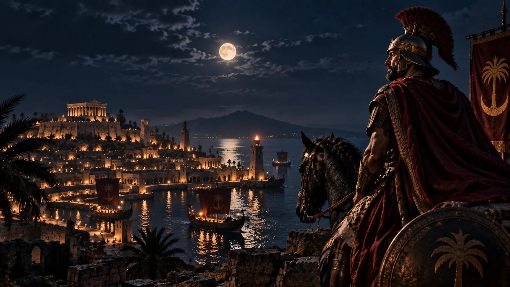 Editorial reconstruction of a Carthaginian commander overlooking a moonlit harbor in ancient Tunisia