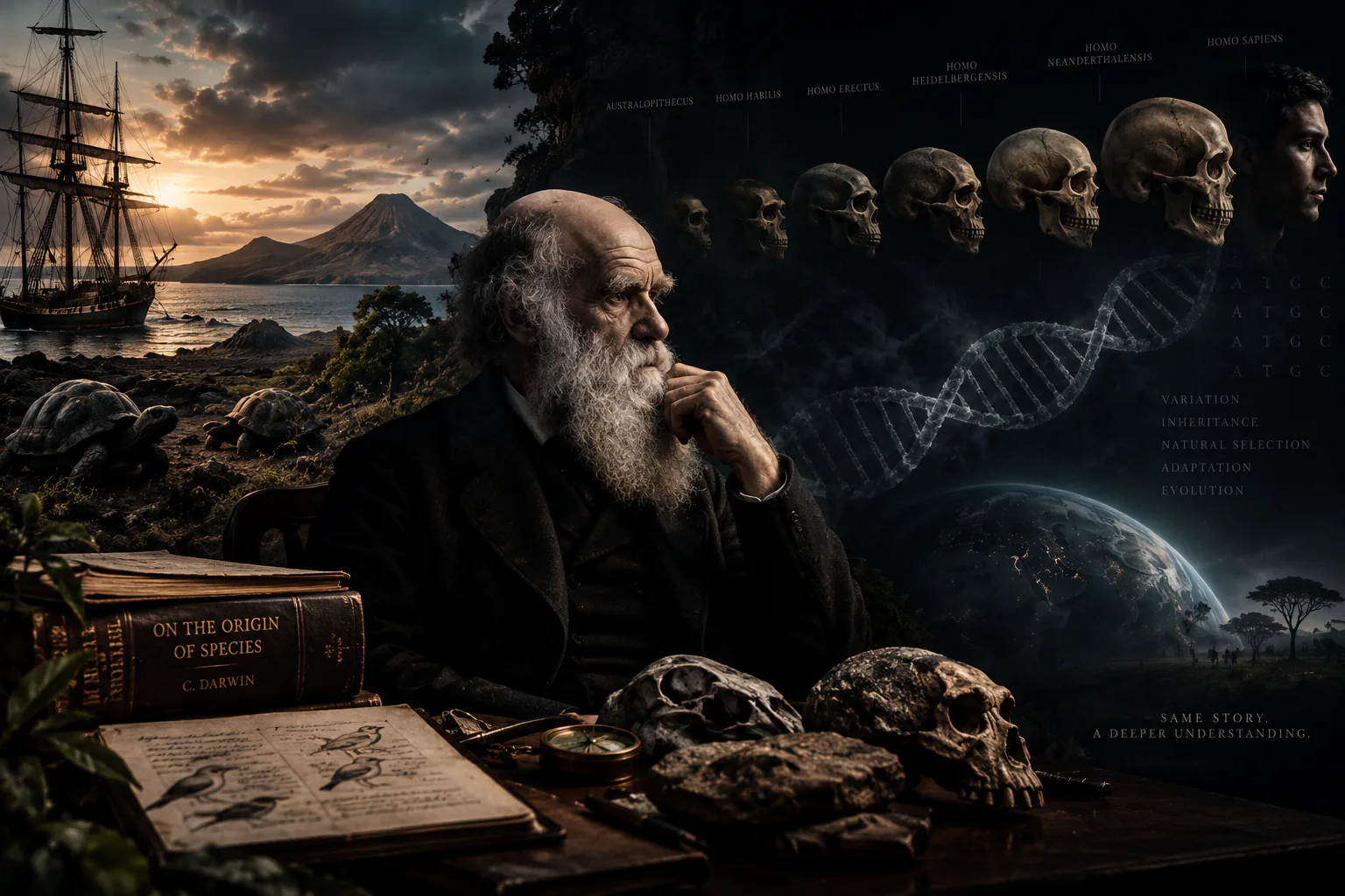 Charles Darwin studying natural history specimens in a Victorian study with the HMS Beagle visible near a coastal landscape